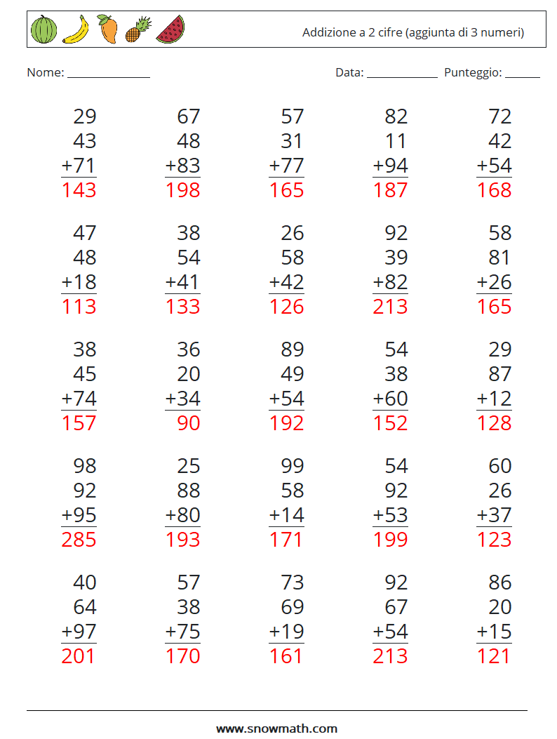 (25) Addizione a 2 cifre (aggiunta di 3 numeri) Fogli di lavoro di matematica 3 Domanda, Risposta