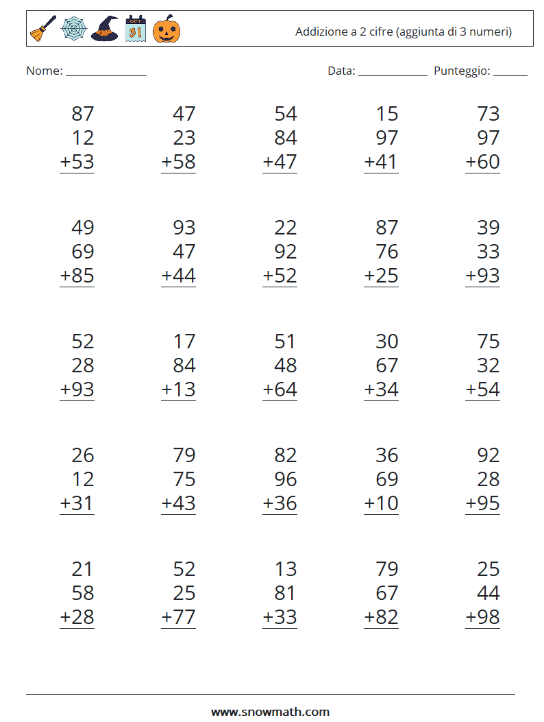 (25) Addizione a 2 cifre (aggiunta di 3 numeri) Fogli di lavoro di matematica 4