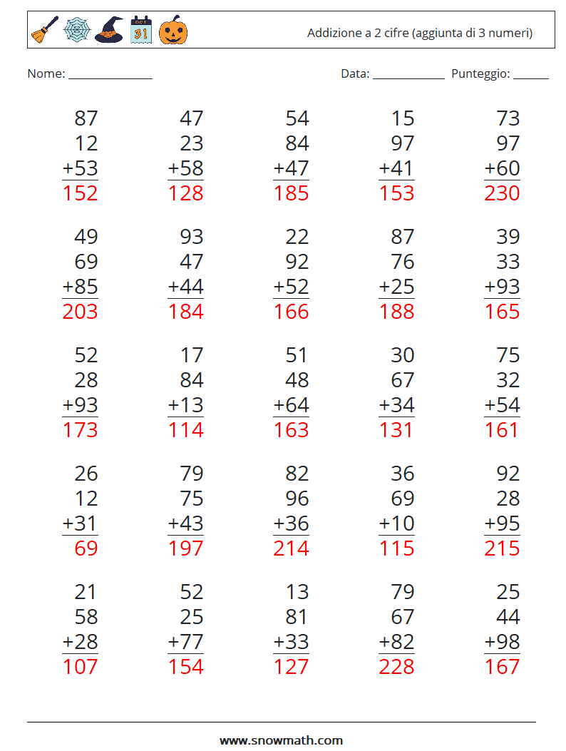 (25) Addizione a 2 cifre (aggiunta di 3 numeri) Fogli di lavoro di matematica 4 Domanda, Risposta