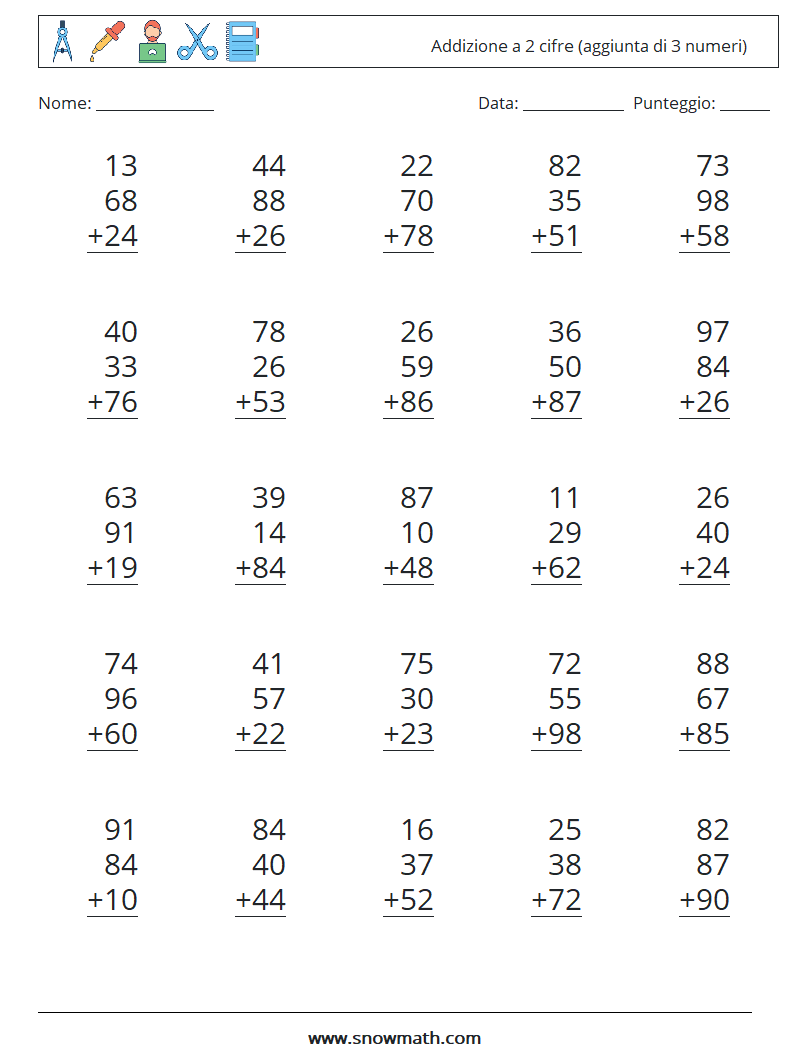 (25) Addizione a 2 cifre (aggiunta di 3 numeri) Fogli di lavoro di matematica 5