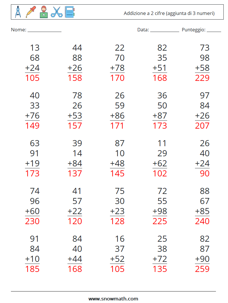 (25) Addizione a 2 cifre (aggiunta di 3 numeri) Fogli di lavoro di matematica 5 Domanda, Risposta