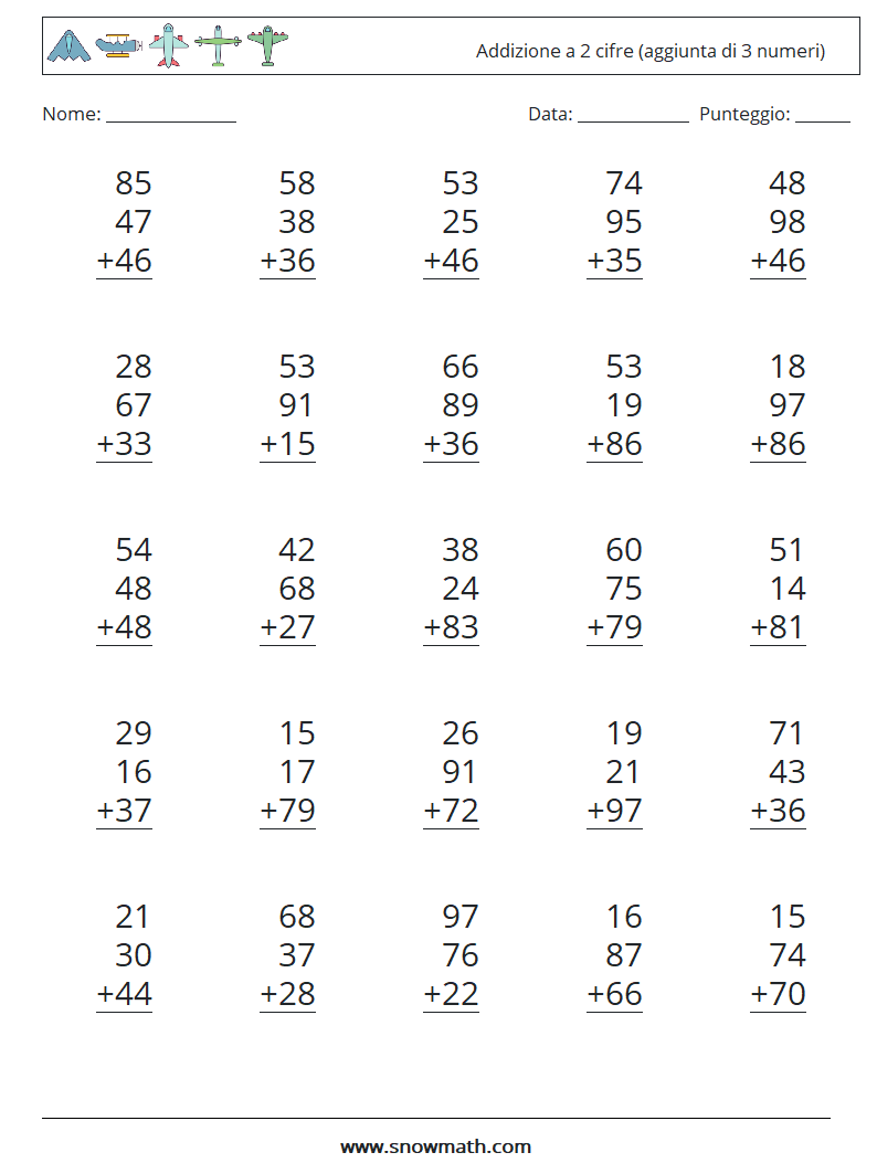 (25) Addizione a 2 cifre (aggiunta di 3 numeri) Fogli di lavoro di matematica 6