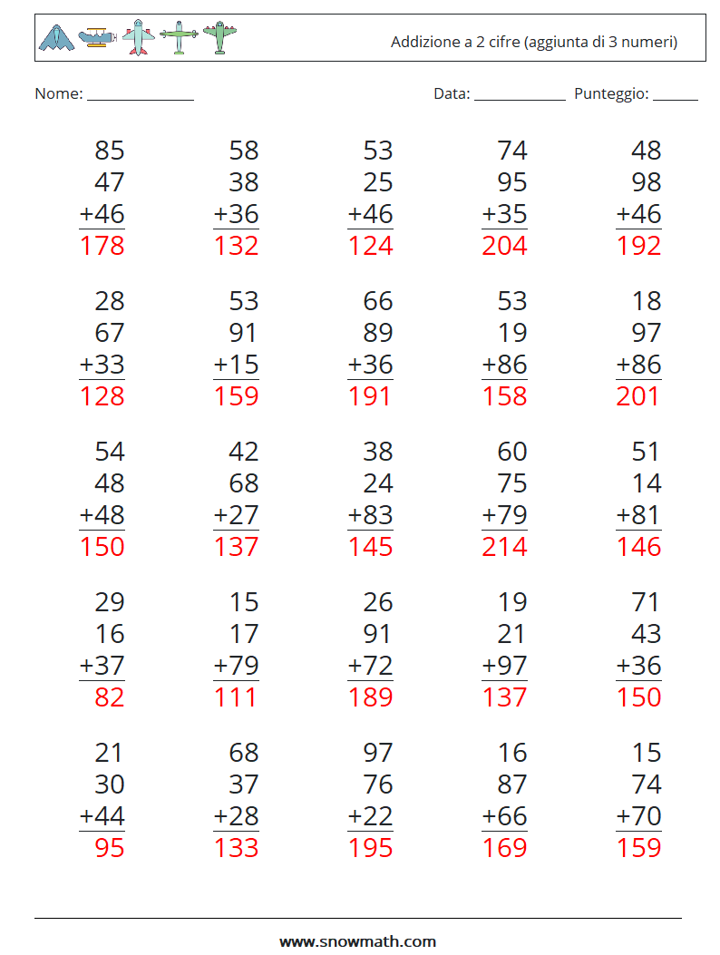 (25) Addizione a 2 cifre (aggiunta di 3 numeri) Fogli di lavoro di matematica 6 Domanda, Risposta