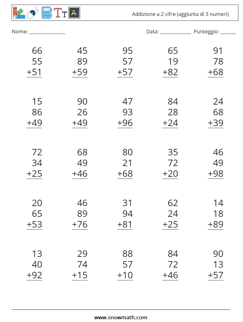 (25) Addizione a 2 cifre (aggiunta di 3 numeri) Fogli di lavoro di matematica 7