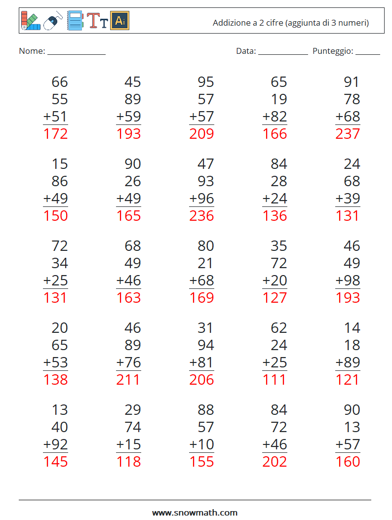 (25) Addizione a 2 cifre (aggiunta di 3 numeri) Fogli di lavoro di matematica 7 Domanda, Risposta