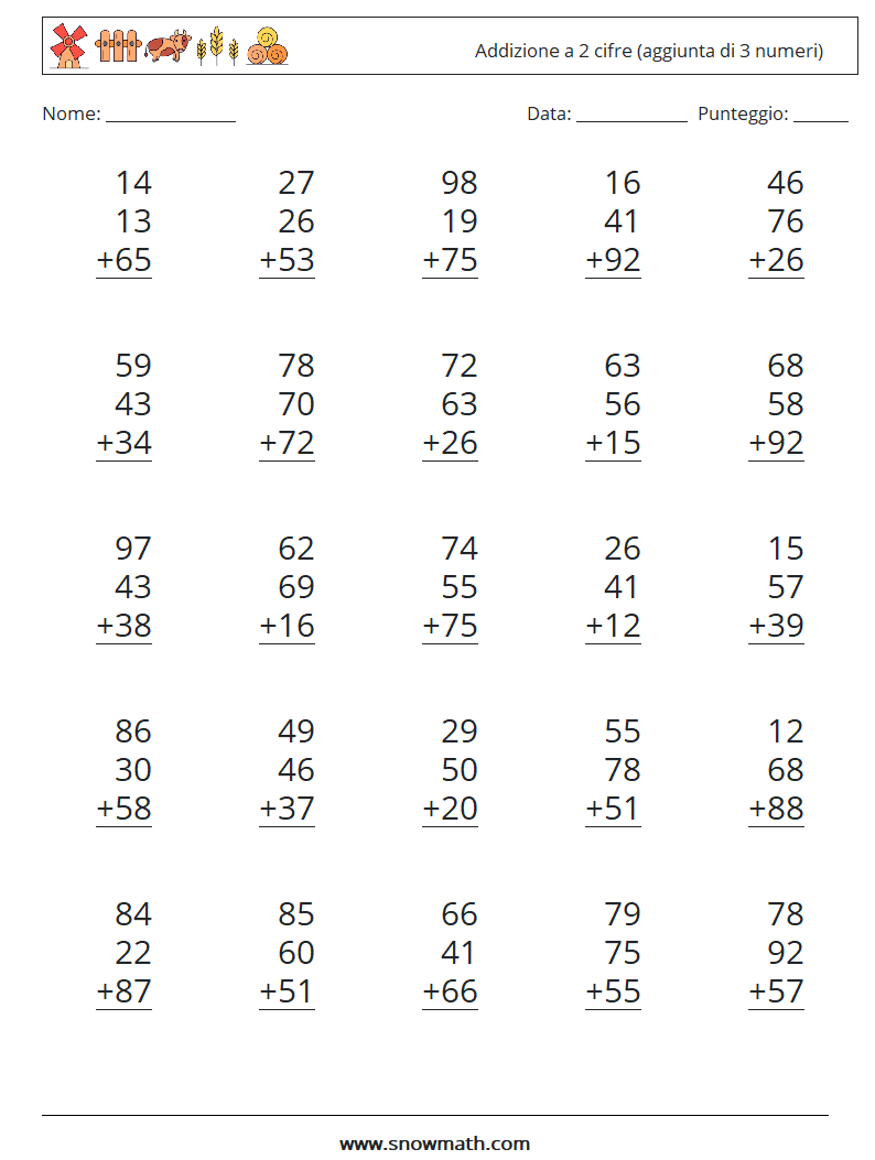 (25) Addizione a 2 cifre (aggiunta di 3 numeri) Fogli di lavoro di matematica 8