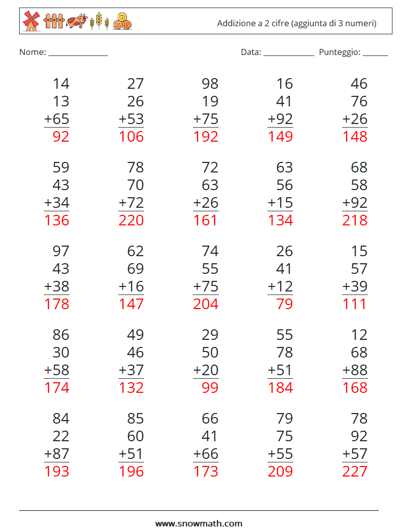 (25) Addizione a 2 cifre (aggiunta di 3 numeri) Fogli di lavoro di matematica 8 Domanda, Risposta