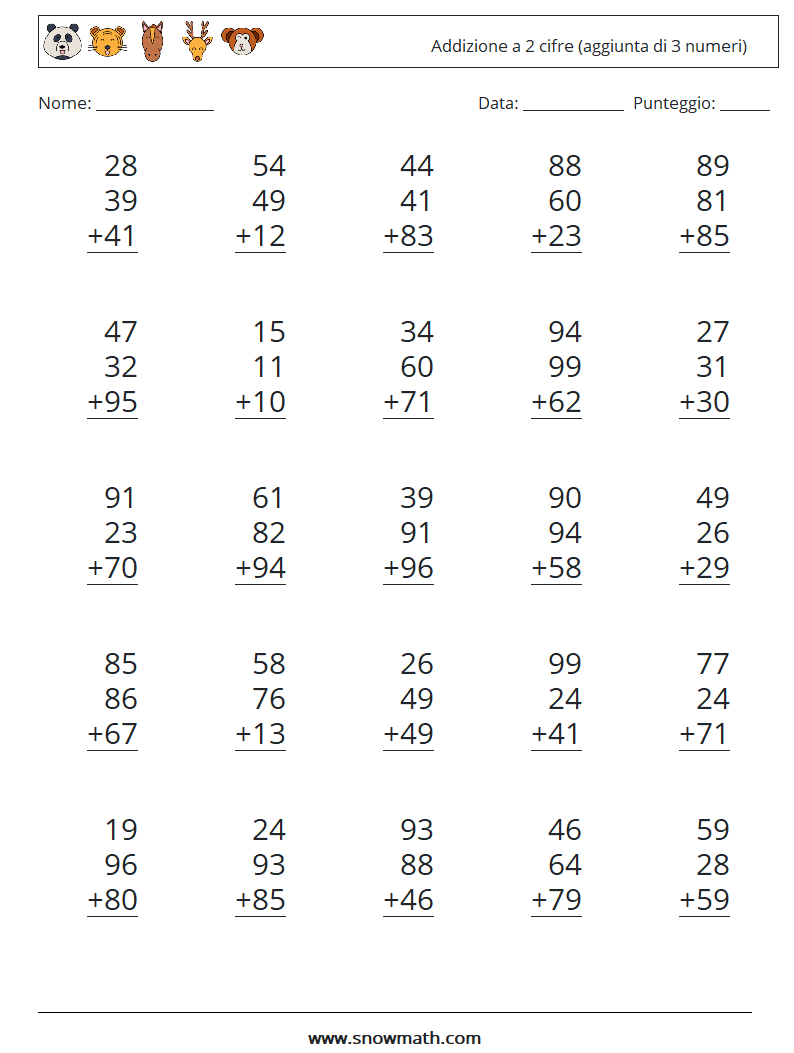(25) Addizione a 2 cifre (aggiunta di 3 numeri) Fogli di lavoro di matematica 9