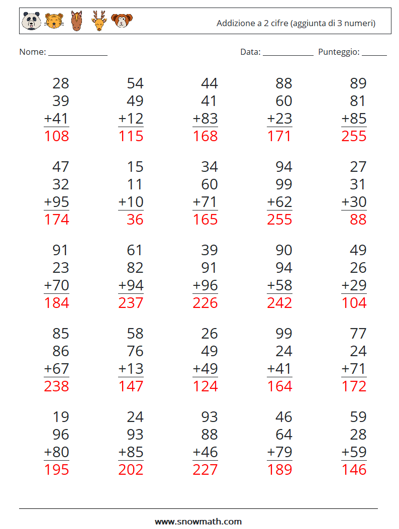 (25) Addizione a 2 cifre (aggiunta di 3 numeri) Fogli di lavoro di matematica 9 Domanda, Risposta