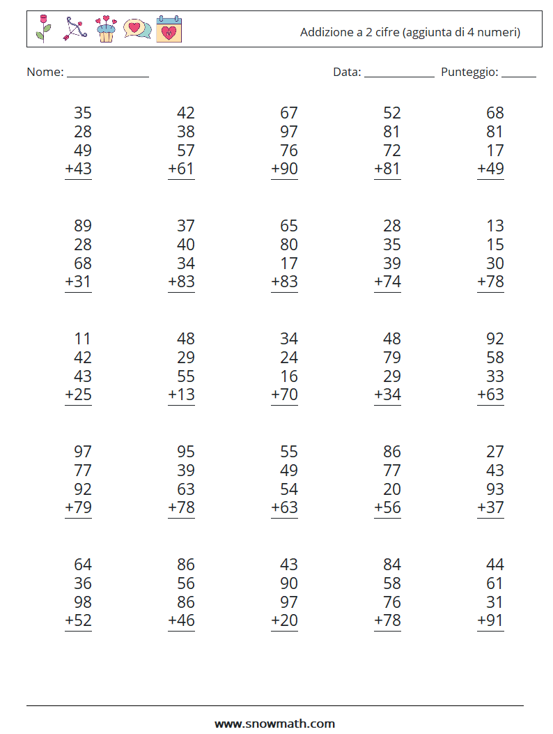 (25) Addizione a 2 cifre (aggiunta di 4 numeri) Fogli di lavoro di matematica 1