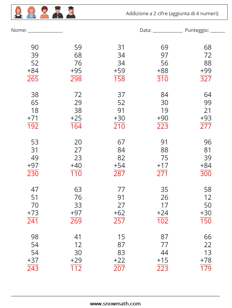 (25) Addizione a 2 cifre (aggiunta di 4 numeri) Fogli di lavoro di matematica 10 Domanda, Risposta