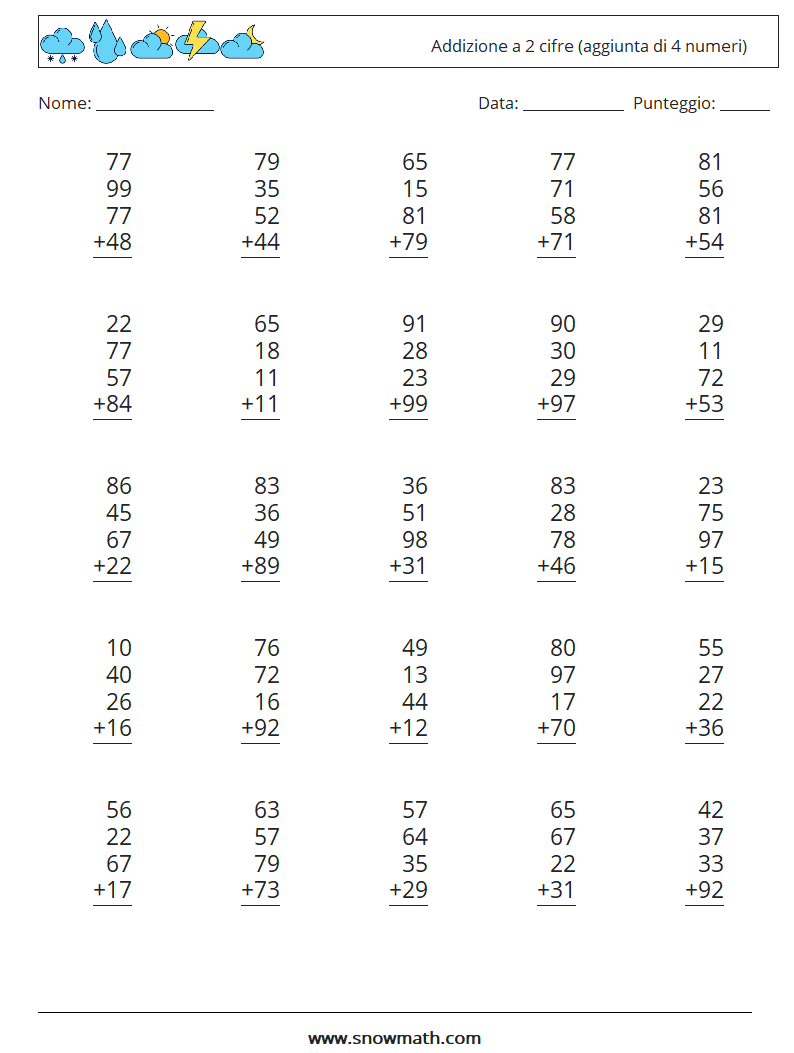 (25) Addizione a 2 cifre (aggiunta di 4 numeri) Fogli di lavoro di matematica 11