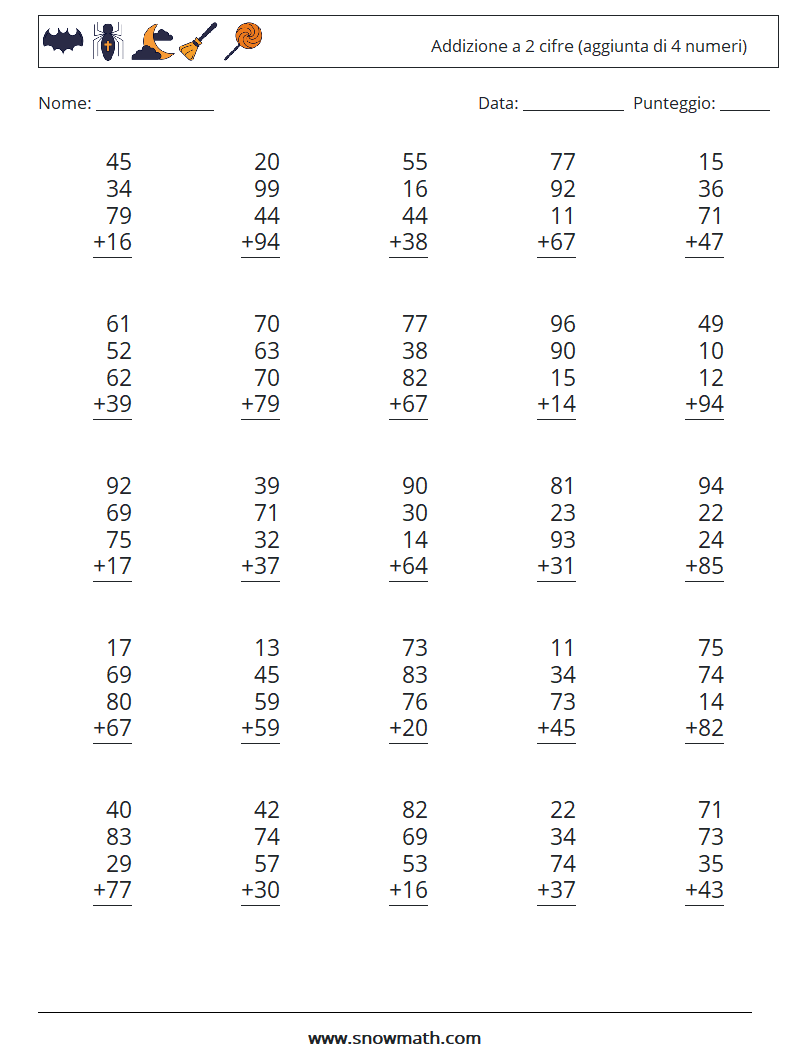 (25) Addizione a 2 cifre (aggiunta di 4 numeri) Fogli di lavoro di matematica 12