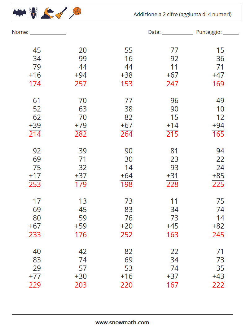 (25) Addizione a 2 cifre (aggiunta di 4 numeri) Fogli di lavoro di matematica 12 Domanda, Risposta