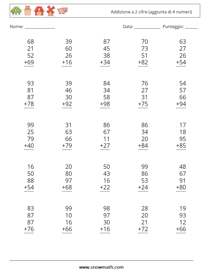 (25) Addizione a 2 cifre (aggiunta di 4 numeri) Fogli di lavoro di matematica 13