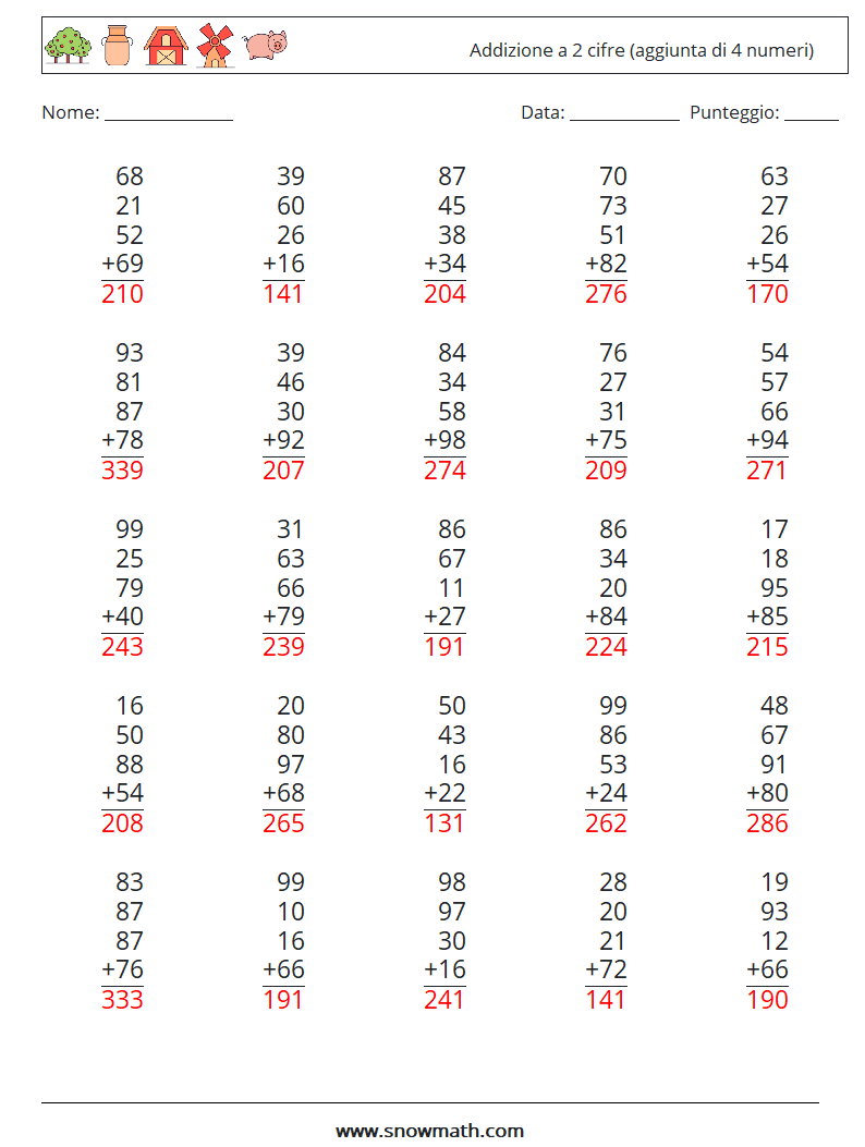 (25) Addizione a 2 cifre (aggiunta di 4 numeri) Fogli di lavoro di matematica 13 Domanda, Risposta