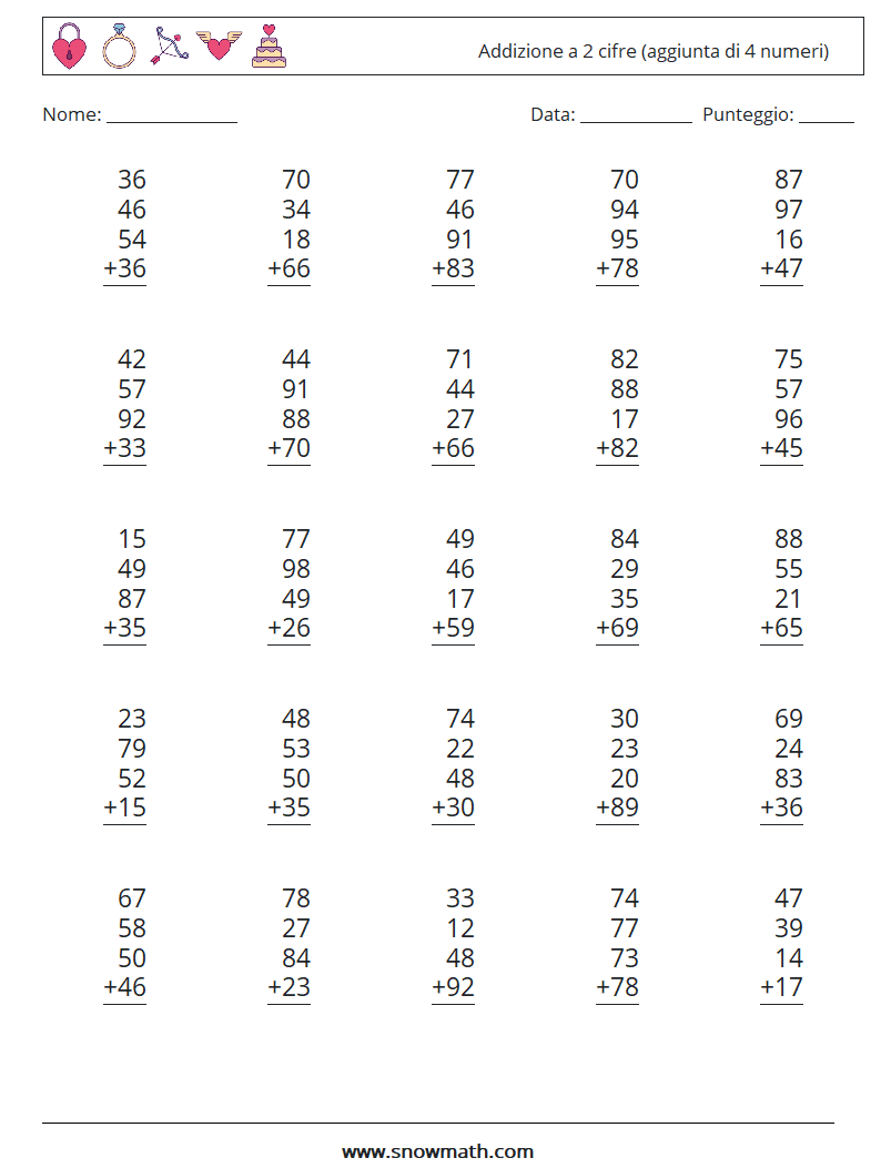 (25) Addizione a 2 cifre (aggiunta di 4 numeri) Fogli di lavoro di matematica 14