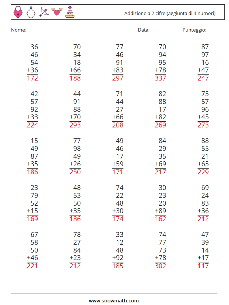 (25) Addizione a 2 cifre (aggiunta di 4 numeri) Fogli di lavoro di matematica 14 Domanda, Risposta