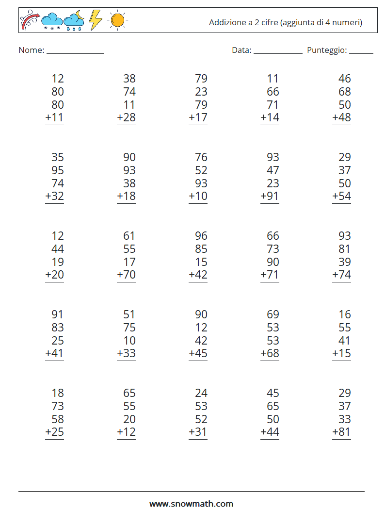 (25) Addizione a 2 cifre (aggiunta di 4 numeri) Fogli di lavoro di matematica 15