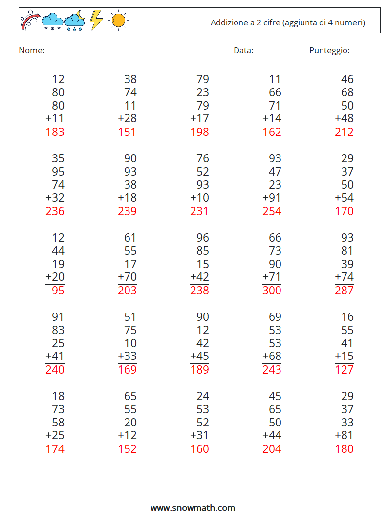 (25) Addizione a 2 cifre (aggiunta di 4 numeri) Fogli di lavoro di matematica 15 Domanda, Risposta