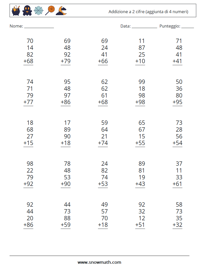 (25) Addizione a 2 cifre (aggiunta di 4 numeri) Fogli di lavoro di matematica 16