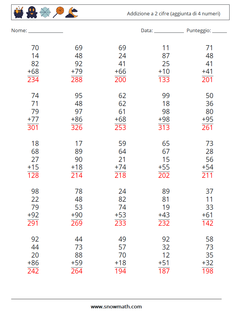 (25) Addizione a 2 cifre (aggiunta di 4 numeri) Fogli di lavoro di matematica 16 Domanda, Risposta
