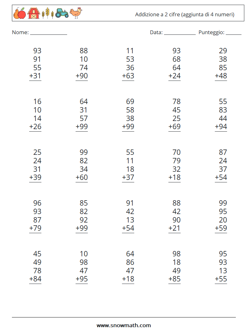(25) Addizione a 2 cifre (aggiunta di 4 numeri) Fogli di lavoro di matematica 17