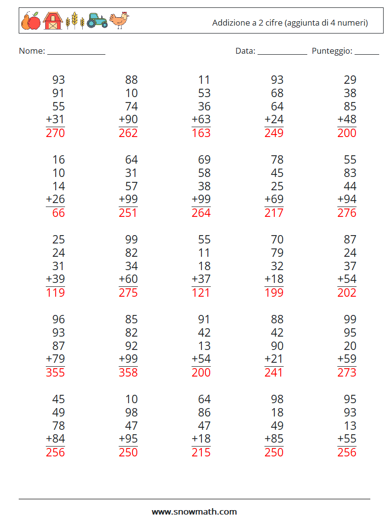 (25) Addizione a 2 cifre (aggiunta di 4 numeri) Fogli di lavoro di matematica 17 Domanda, Risposta