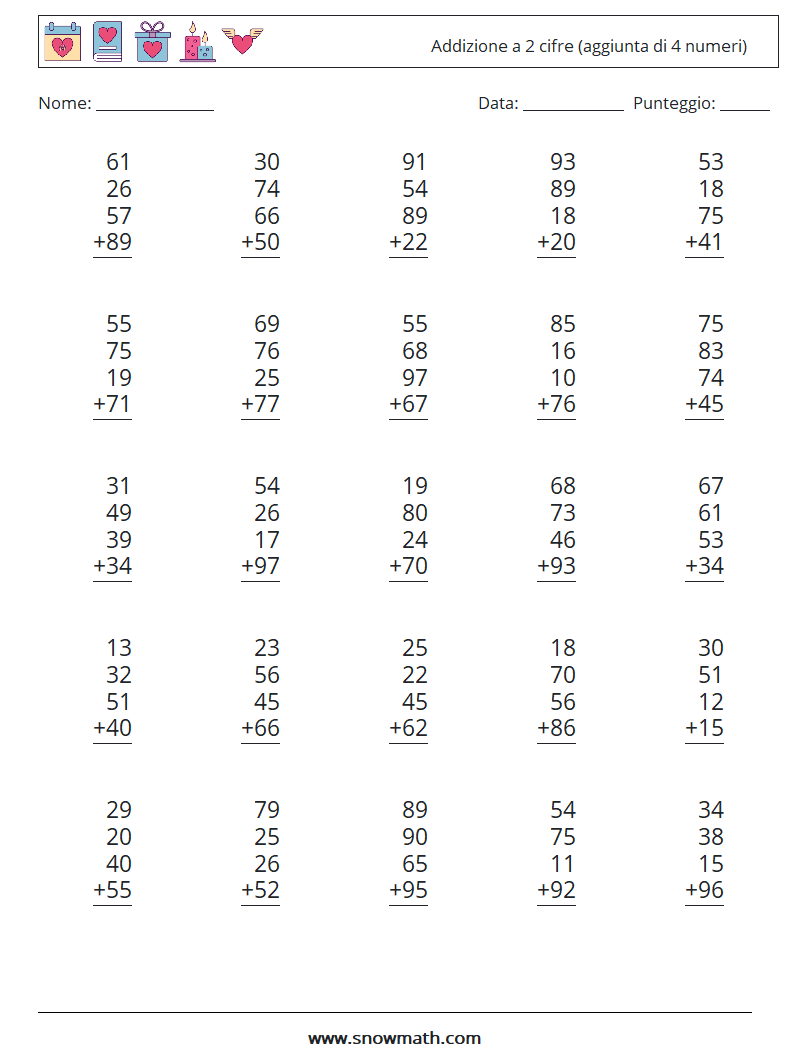 (25) Addizione a 2 cifre (aggiunta di 4 numeri) Fogli di lavoro di matematica 18