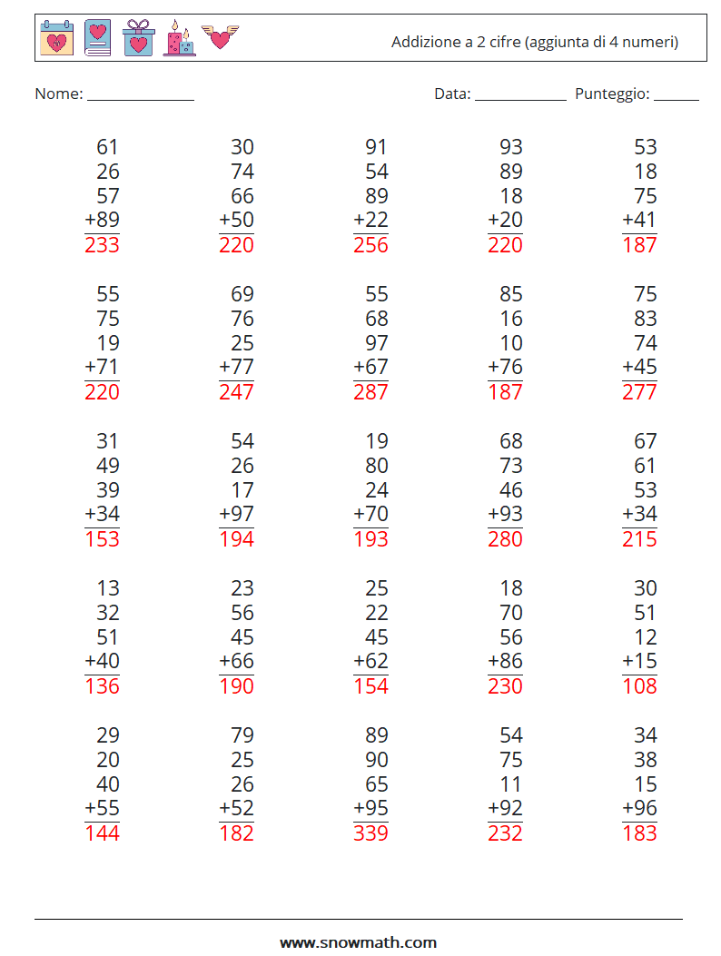(25) Addizione a 2 cifre (aggiunta di 4 numeri) Fogli di lavoro di matematica 18 Domanda, Risposta