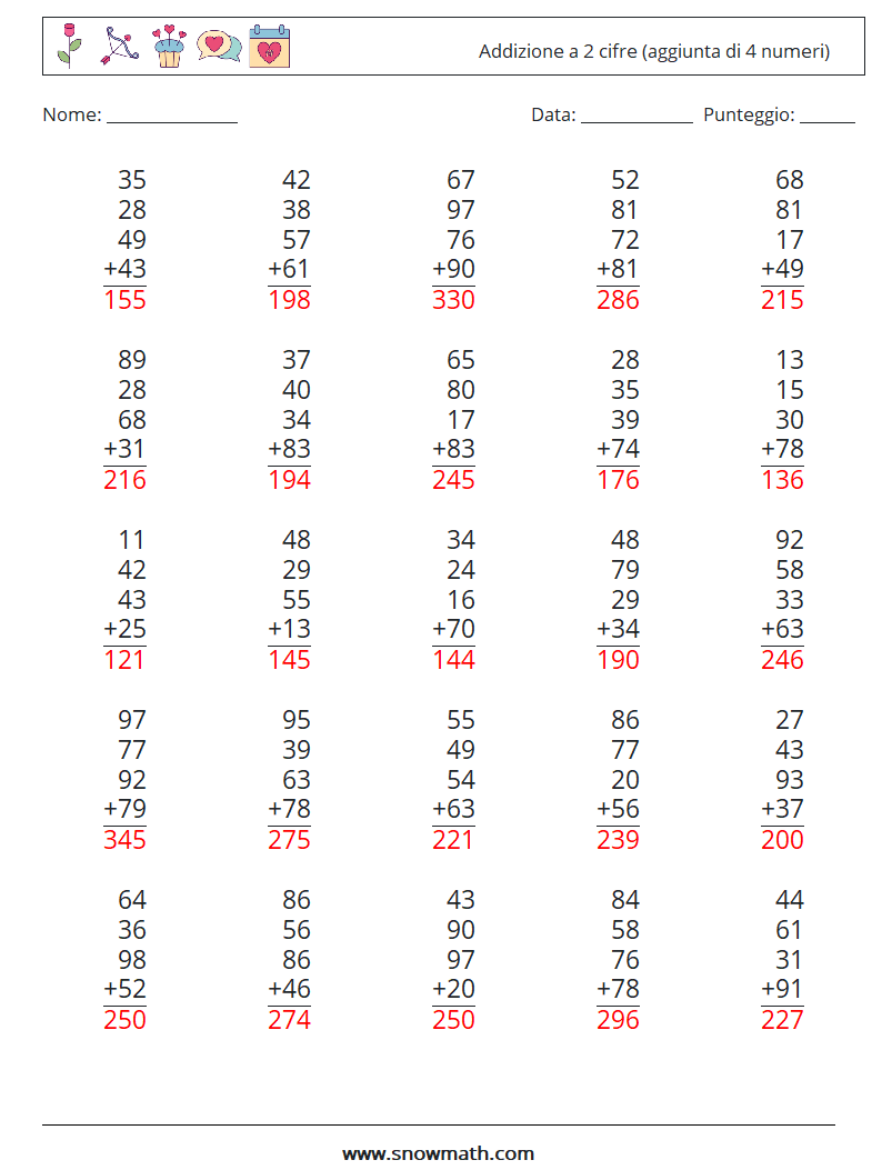 (25) Addizione a 2 cifre (aggiunta di 4 numeri) Fogli di lavoro di matematica 1 Domanda, Risposta