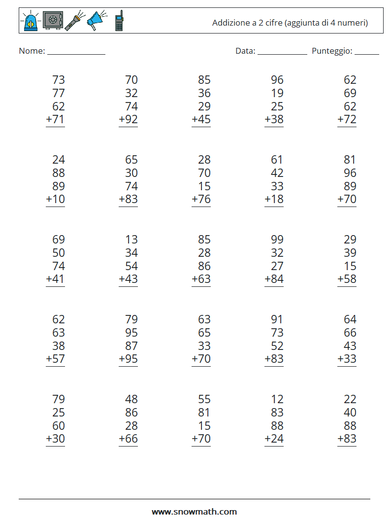 (25) Addizione a 2 cifre (aggiunta di 4 numeri) Fogli di lavoro di matematica 2