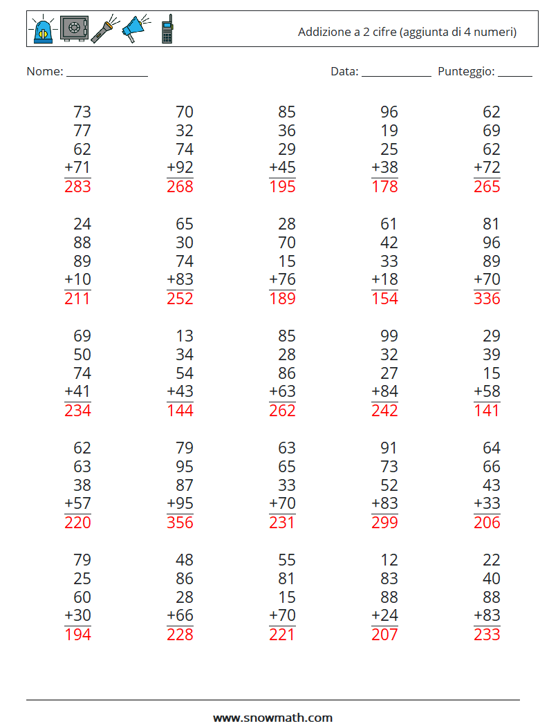 (25) Addizione a 2 cifre (aggiunta di 4 numeri) Fogli di lavoro di matematica 2 Domanda, Risposta