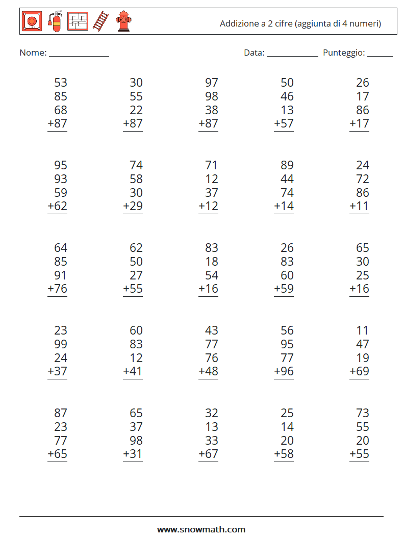 (25) Addizione a 2 cifre (aggiunta di 4 numeri) Fogli di lavoro di matematica 3