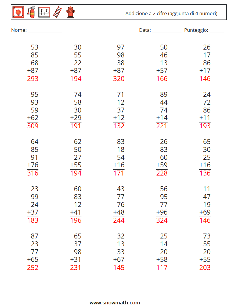 (25) Addizione a 2 cifre (aggiunta di 4 numeri) Fogli di lavoro di matematica 3 Domanda, Risposta