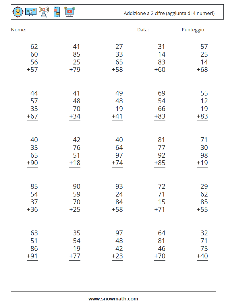 (25) Addizione a 2 cifre (aggiunta di 4 numeri) Fogli di lavoro di matematica 4