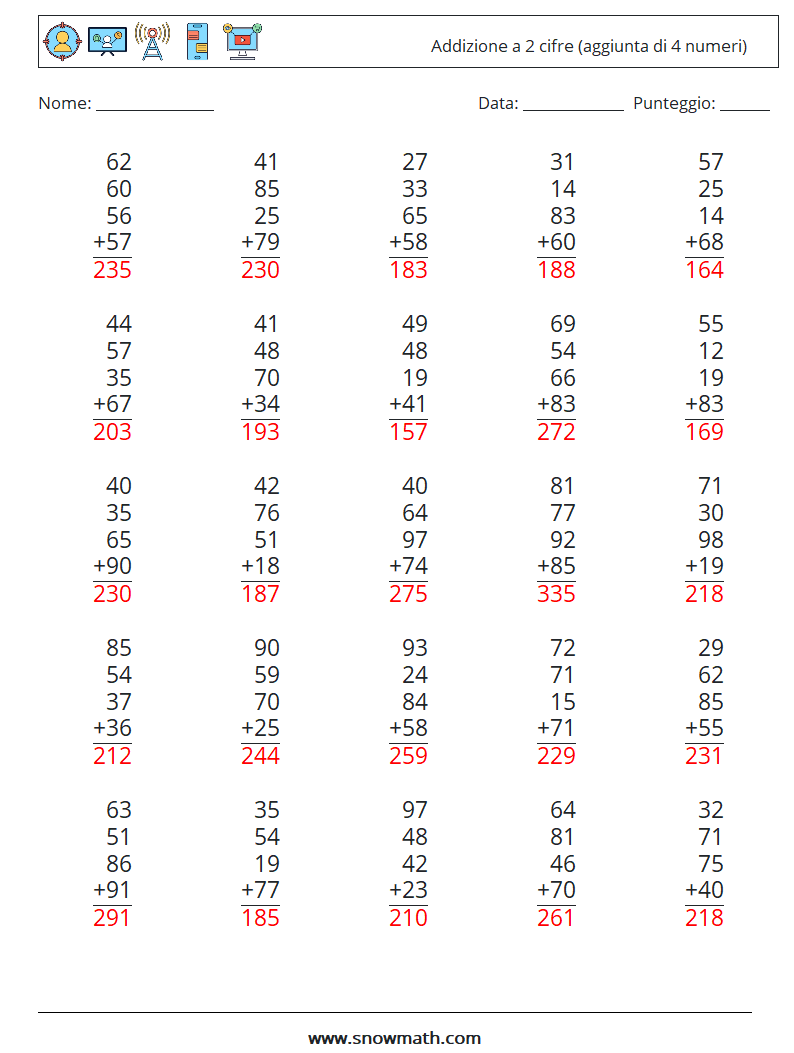 (25) Addizione a 2 cifre (aggiunta di 4 numeri) Fogli di lavoro di matematica 4 Domanda, Risposta