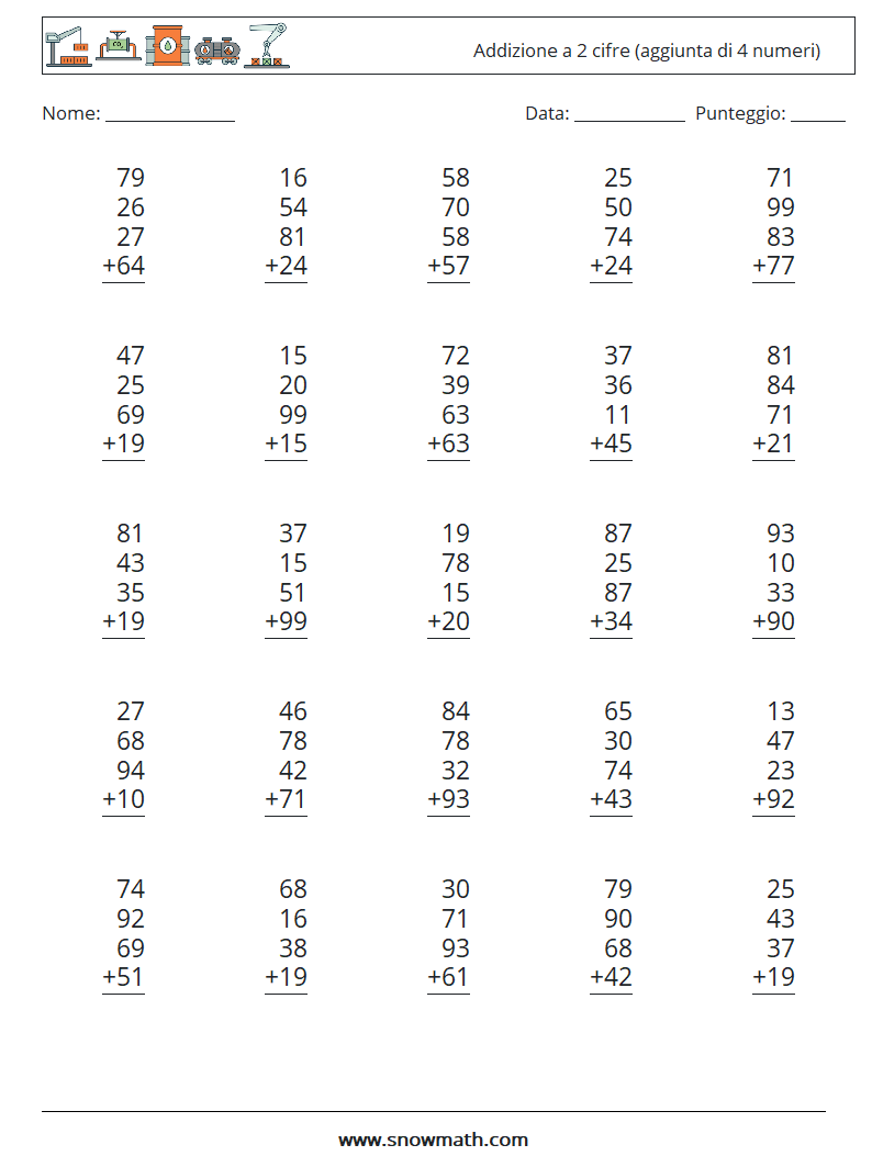 (25) Addizione a 2 cifre (aggiunta di 4 numeri) Fogli di lavoro di matematica 5