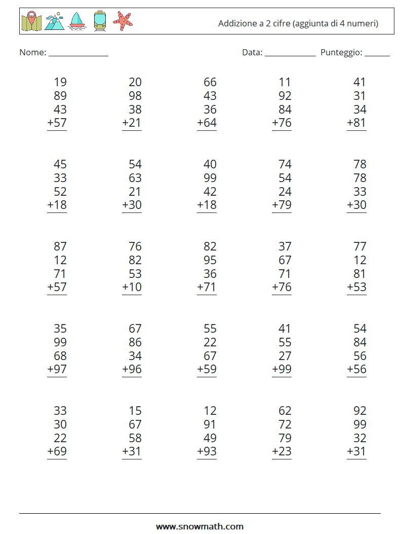 (25) Addizione a 2 cifre (aggiunta di 4 numeri) Fogli di lavoro di matematica 6