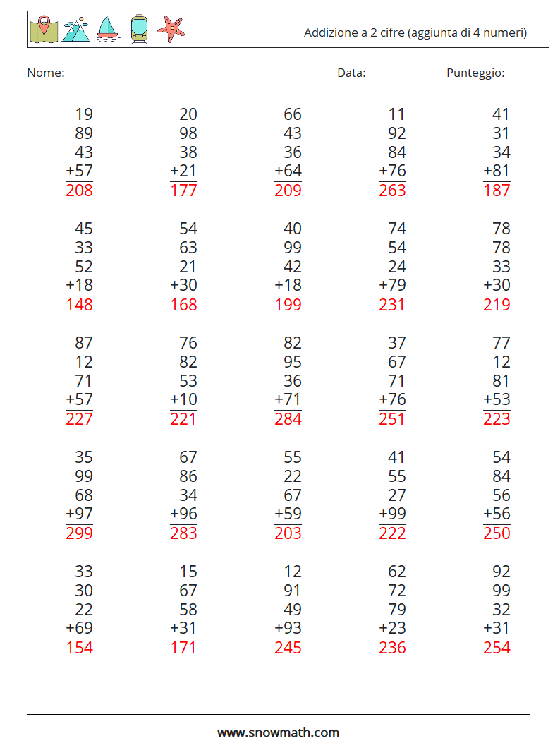 (25) Addizione a 2 cifre (aggiunta di 4 numeri) Fogli di lavoro di matematica 6 Domanda, Risposta
