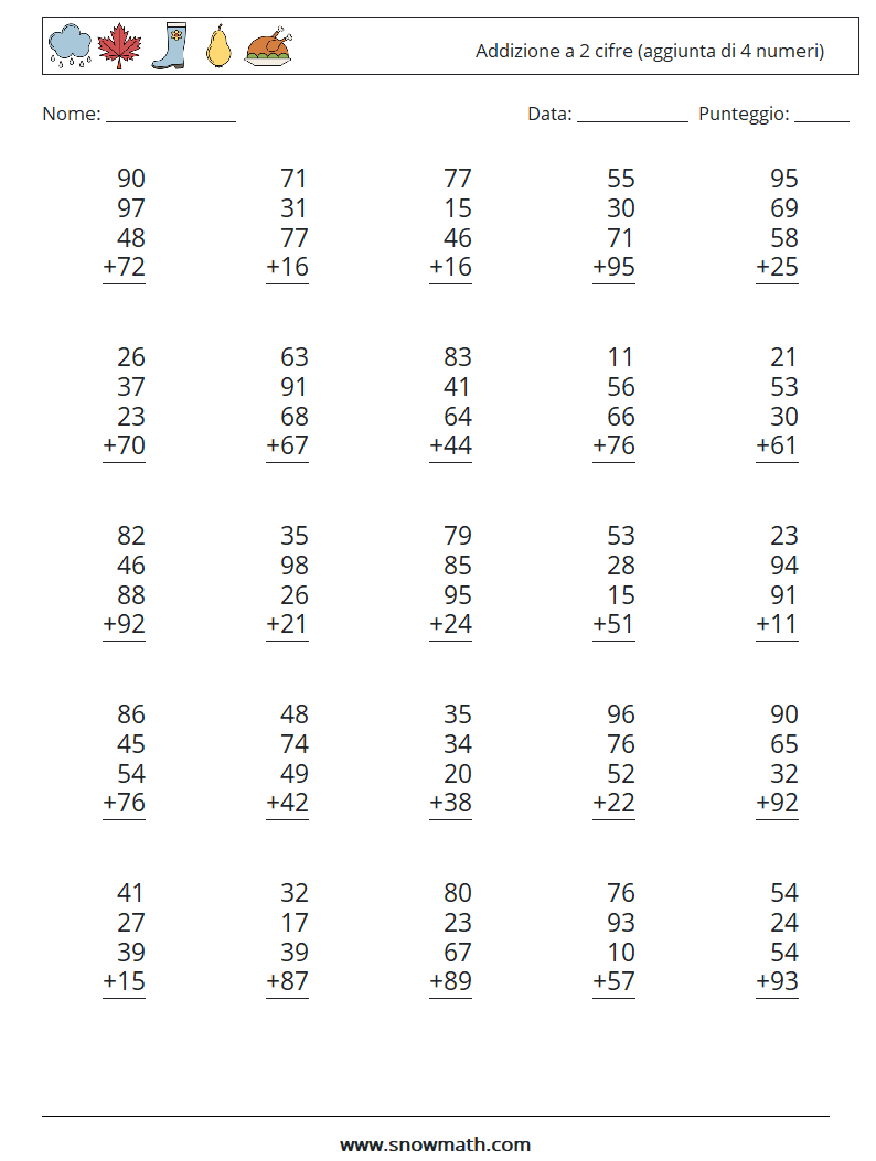 (25) Addizione a 2 cifre (aggiunta di 4 numeri) Fogli di lavoro di matematica 7