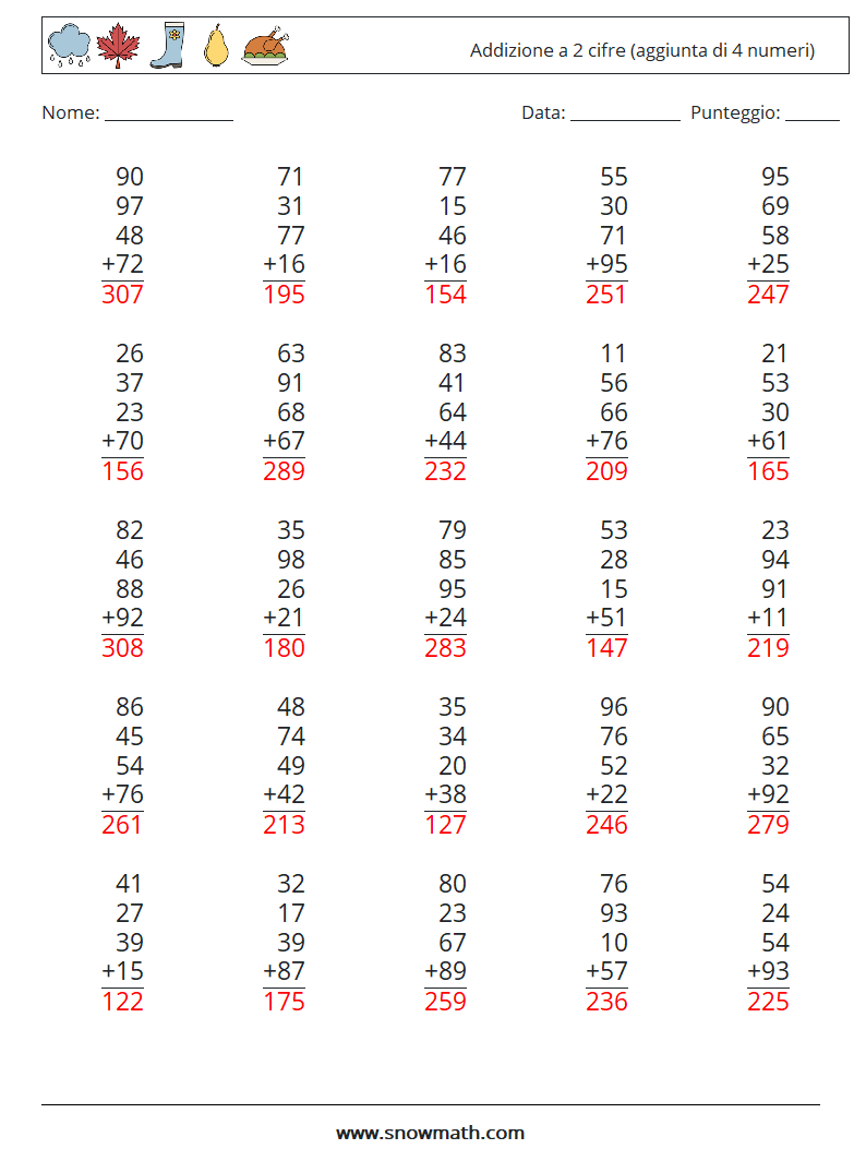 (25) Addizione a 2 cifre (aggiunta di 4 numeri) Fogli di lavoro di matematica 7 Domanda, Risposta