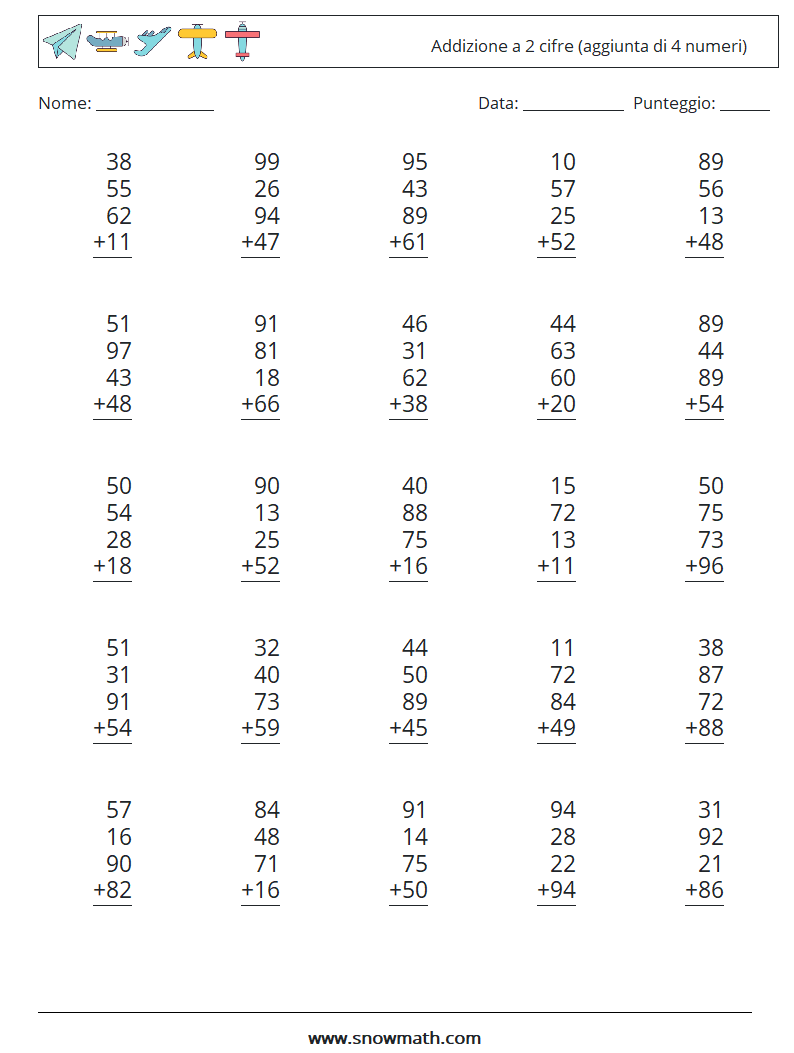 (25) Addizione a 2 cifre (aggiunta di 4 numeri) Fogli di lavoro di matematica 8