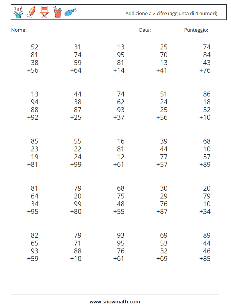(25) Addizione a 2 cifre (aggiunta di 4 numeri) Fogli di lavoro di matematica 9