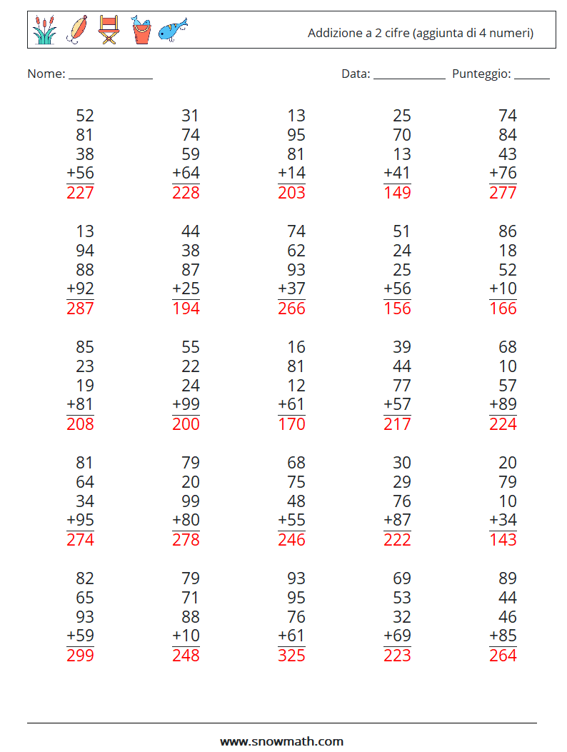 (25) Addizione a 2 cifre (aggiunta di 4 numeri) Fogli di lavoro di matematica 9 Domanda, Risposta