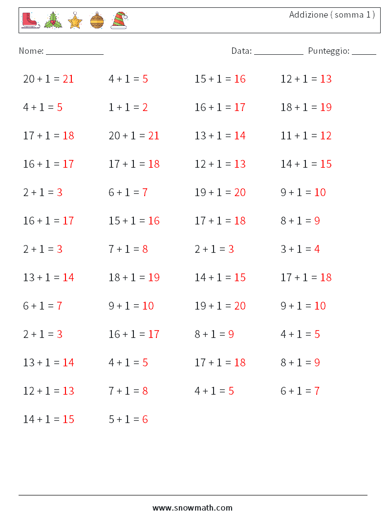 (50) Addizione ( somma 1 ) Fogli di lavoro di matematica 6 Domanda, Risposta