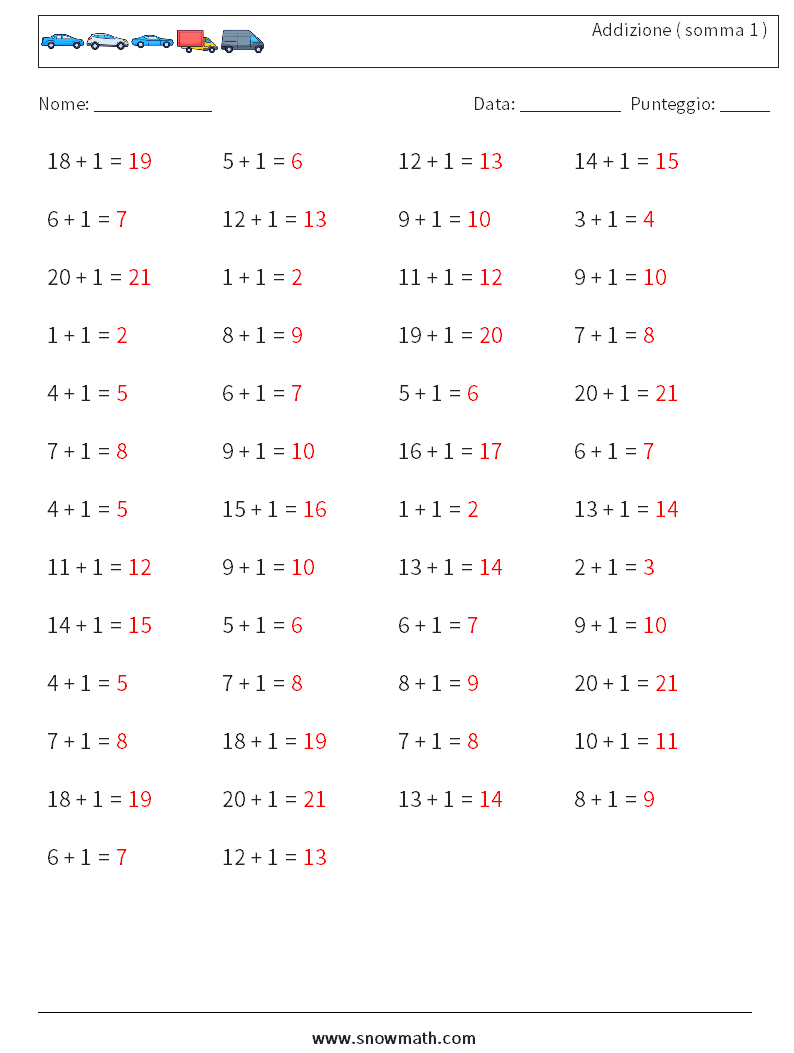 (50) Addizione ( somma 1 ) Fogli di lavoro di matematica 8 Domanda, Risposta