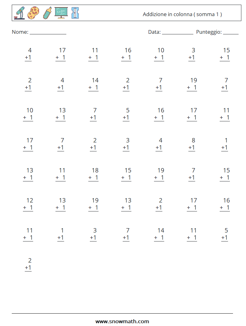 (50) Addizione in colonna ( somma 1 ) Fogli di lavoro di matematica 1