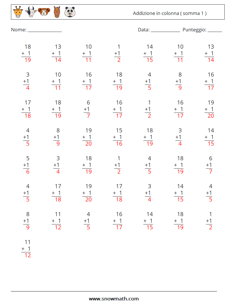 (50) Addizione in colonna ( somma 1 ) Fogli di lavoro di matematica 17 Domanda, Risposta