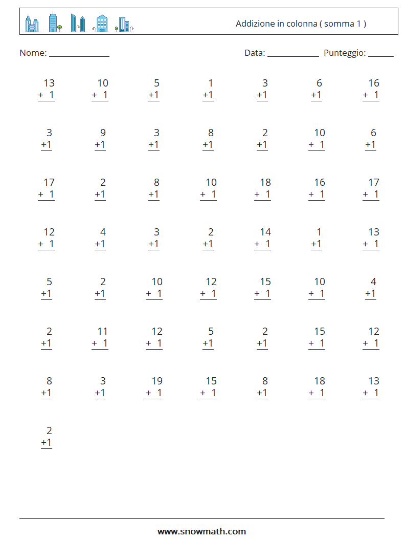 (50) Addizione in colonna ( somma 1 ) Fogli di lavoro di matematica 4